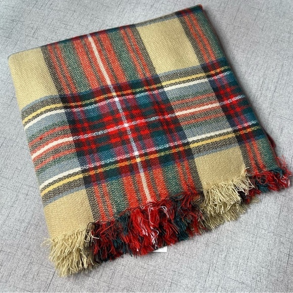 Tartan Plaid Red Tan & Green Oversized Square Blanket Scarf - Picture 8 of 10